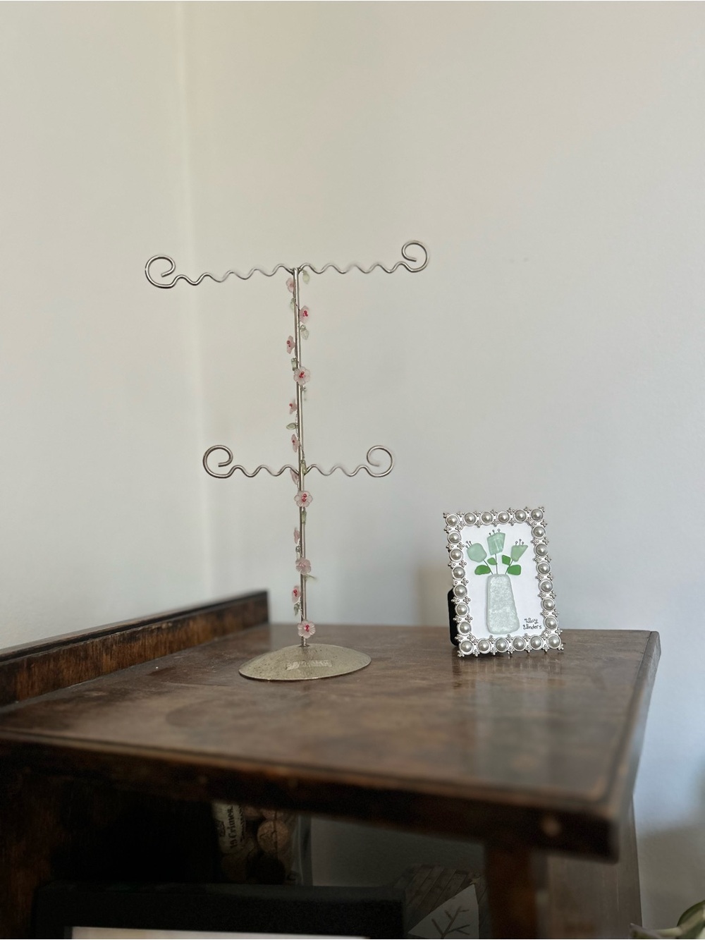 Silver Metal Jewelry Stand with Pink Flower Beaded Accents from Claire’s